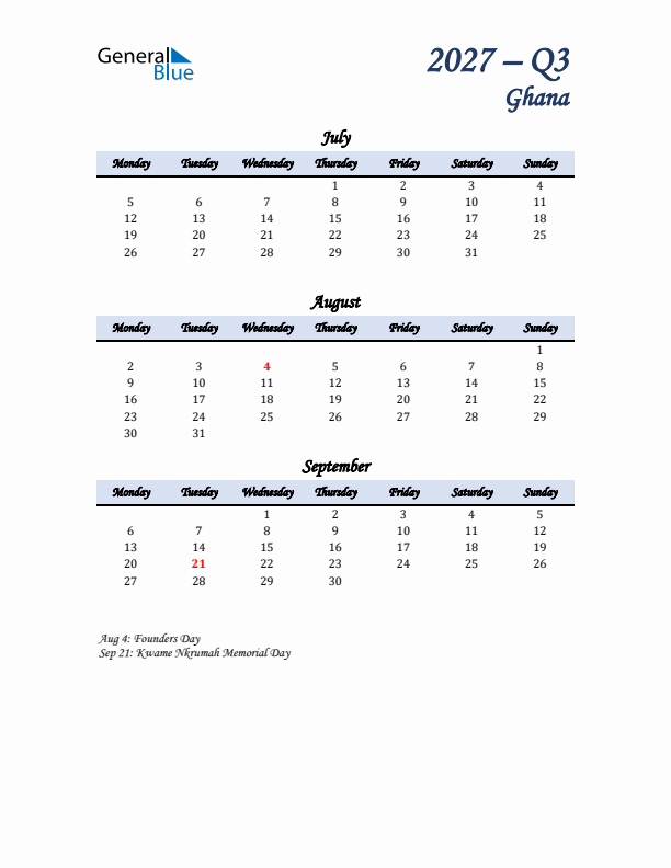 July, August, and September Calendar for Ghana with Monday Start