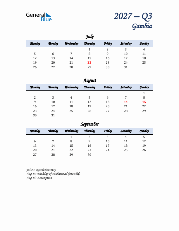 July, August, and September Calendar for Gambia with Monday Start