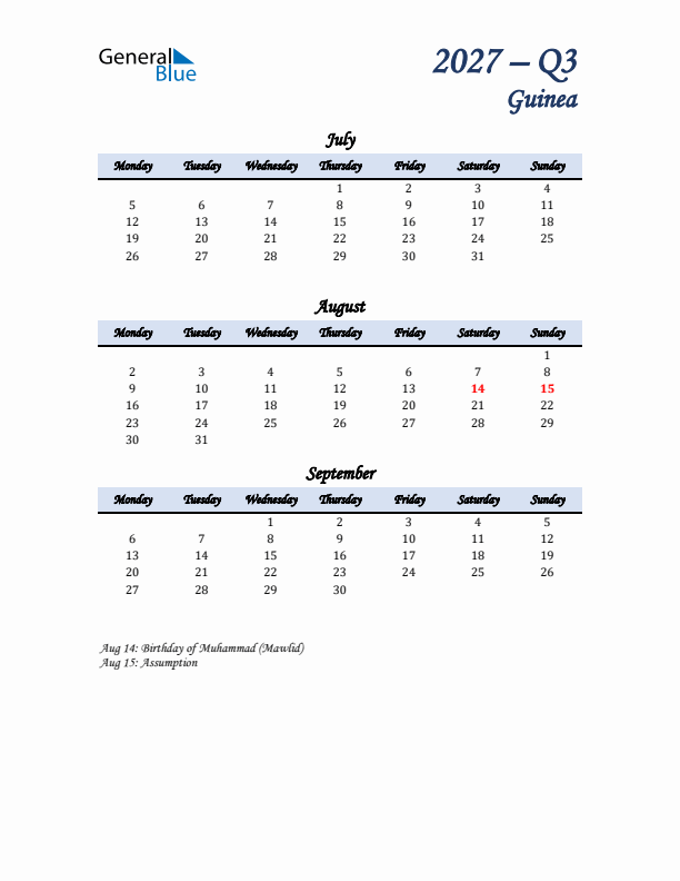July, August, and September Calendar for Guinea with Monday Start