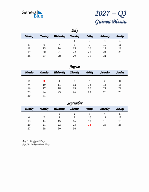 July, August, and September Calendar for Guinea-Bissau with Monday Start
