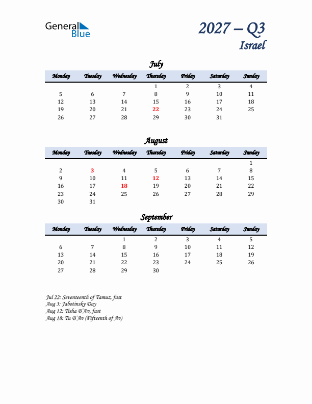 July, August, and September Calendar for Israel with Monday Start