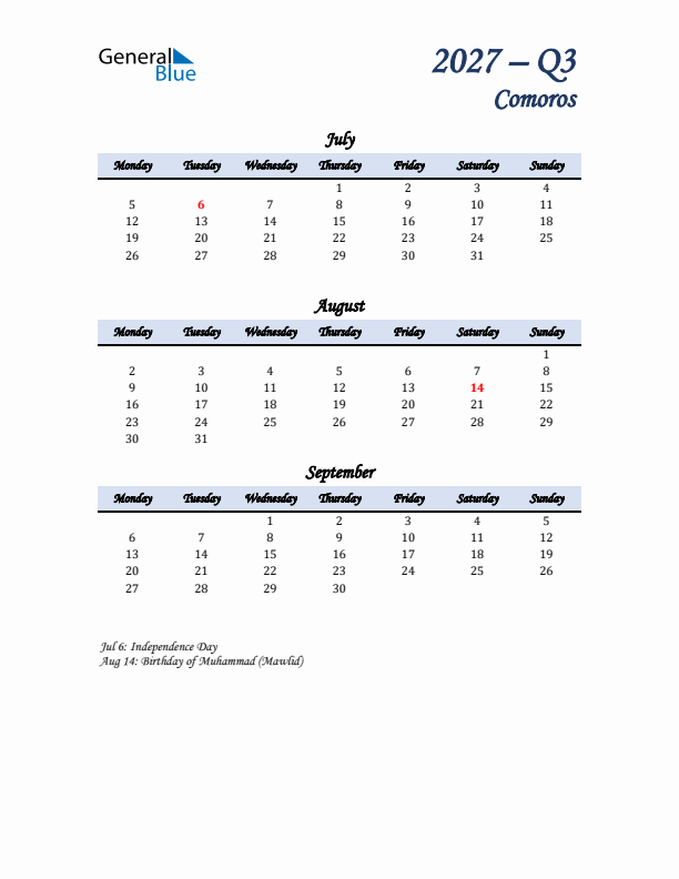 July, August, and September Calendar for Comoros with Monday Start