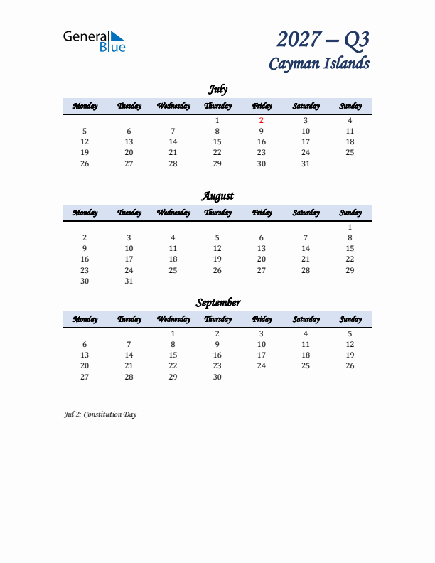 July, August, and September Calendar for Cayman Islands with Monday Start