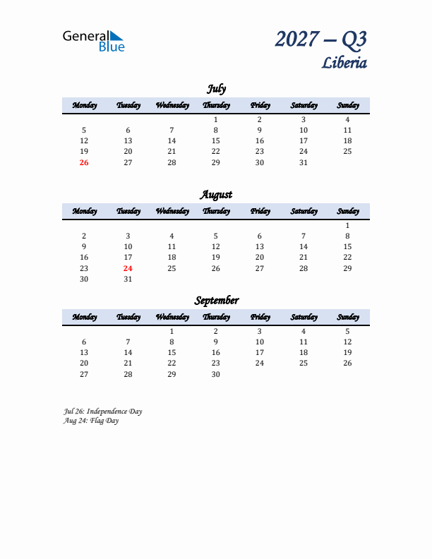 July, August, and September Calendar for Liberia with Monday Start