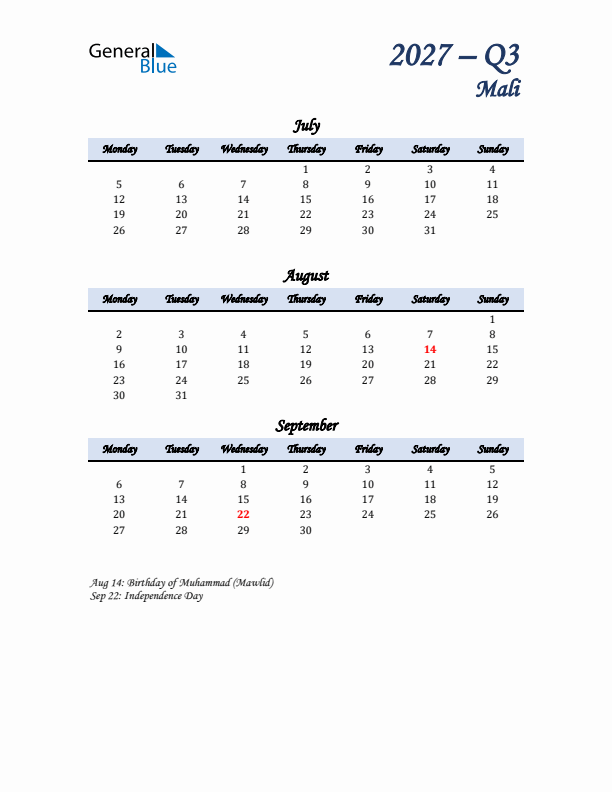 July, August, and September Calendar for Mali with Monday Start