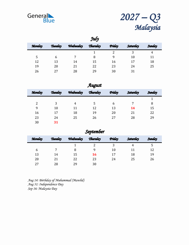 July, August, and September Calendar for Malaysia with Monday Start