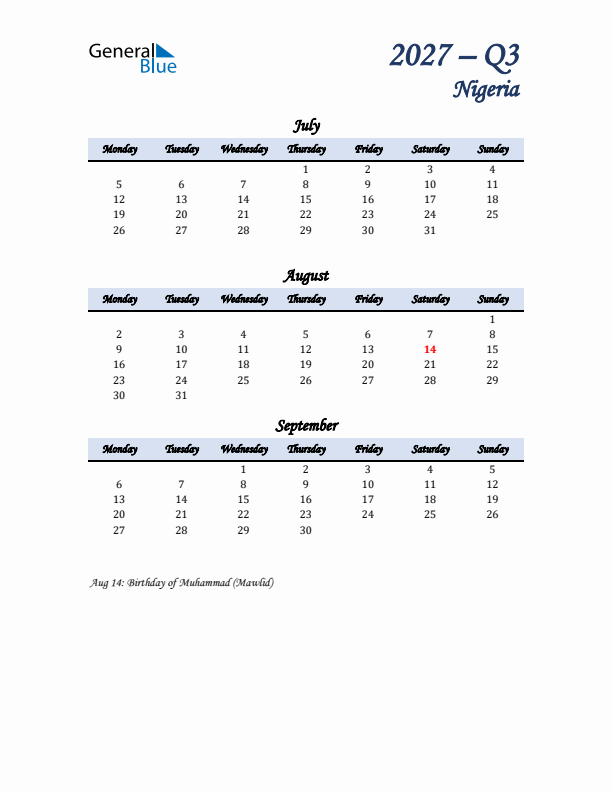 July, August, and September Calendar for Nigeria with Monday Start