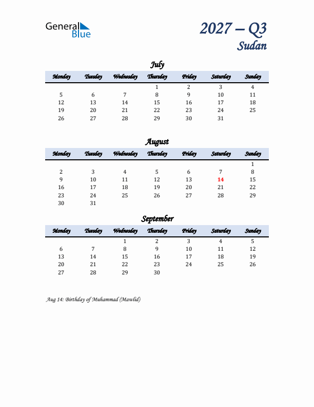 July, August, and September Calendar for Sudan with Monday Start