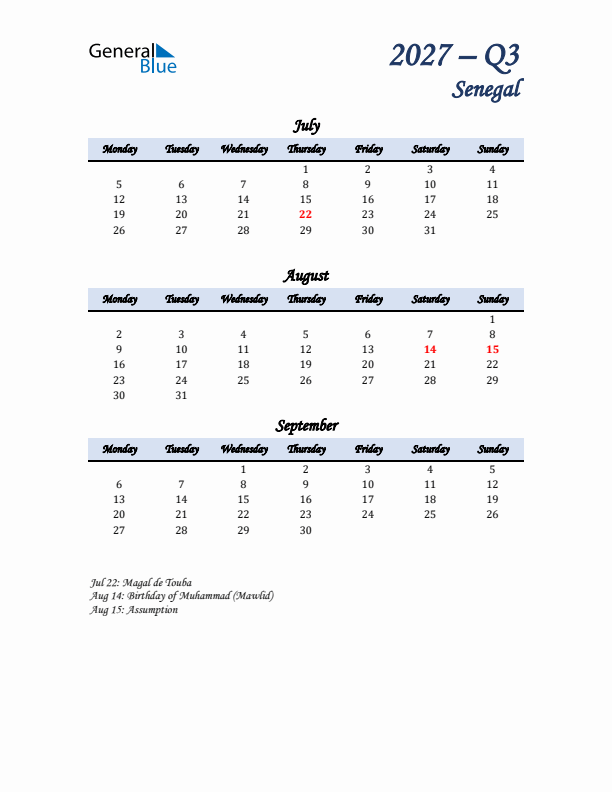 July, August, and September Calendar for Senegal with Monday Start