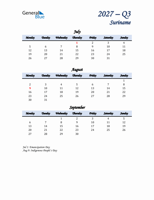 July, August, and September Calendar for Suriname with Monday Start