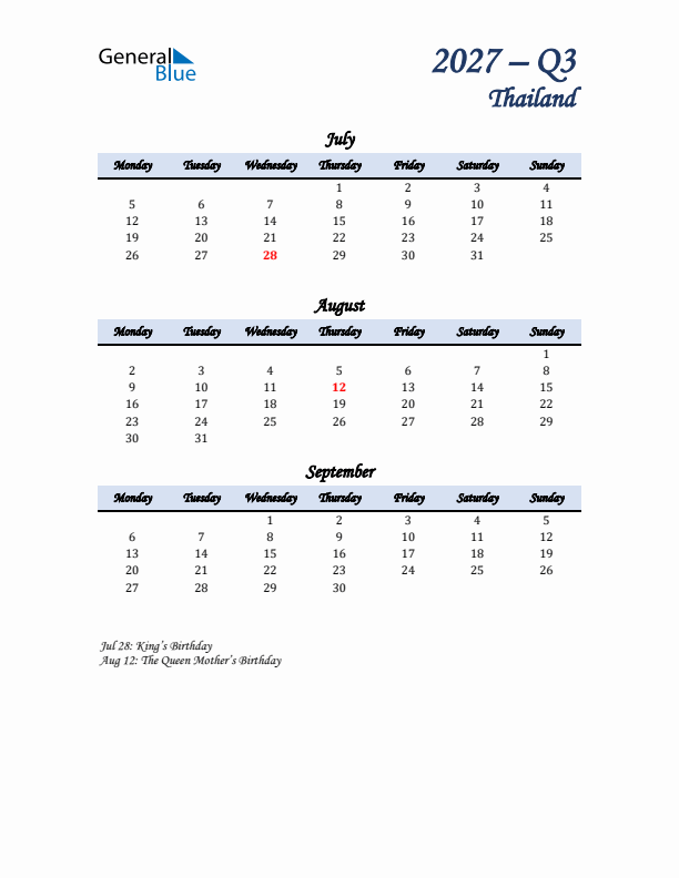 July, August, and September Calendar for Thailand with Monday Start