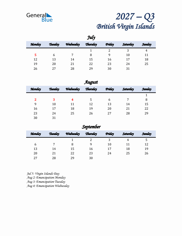 July, August, and September Calendar for British Virgin Islands with Monday Start