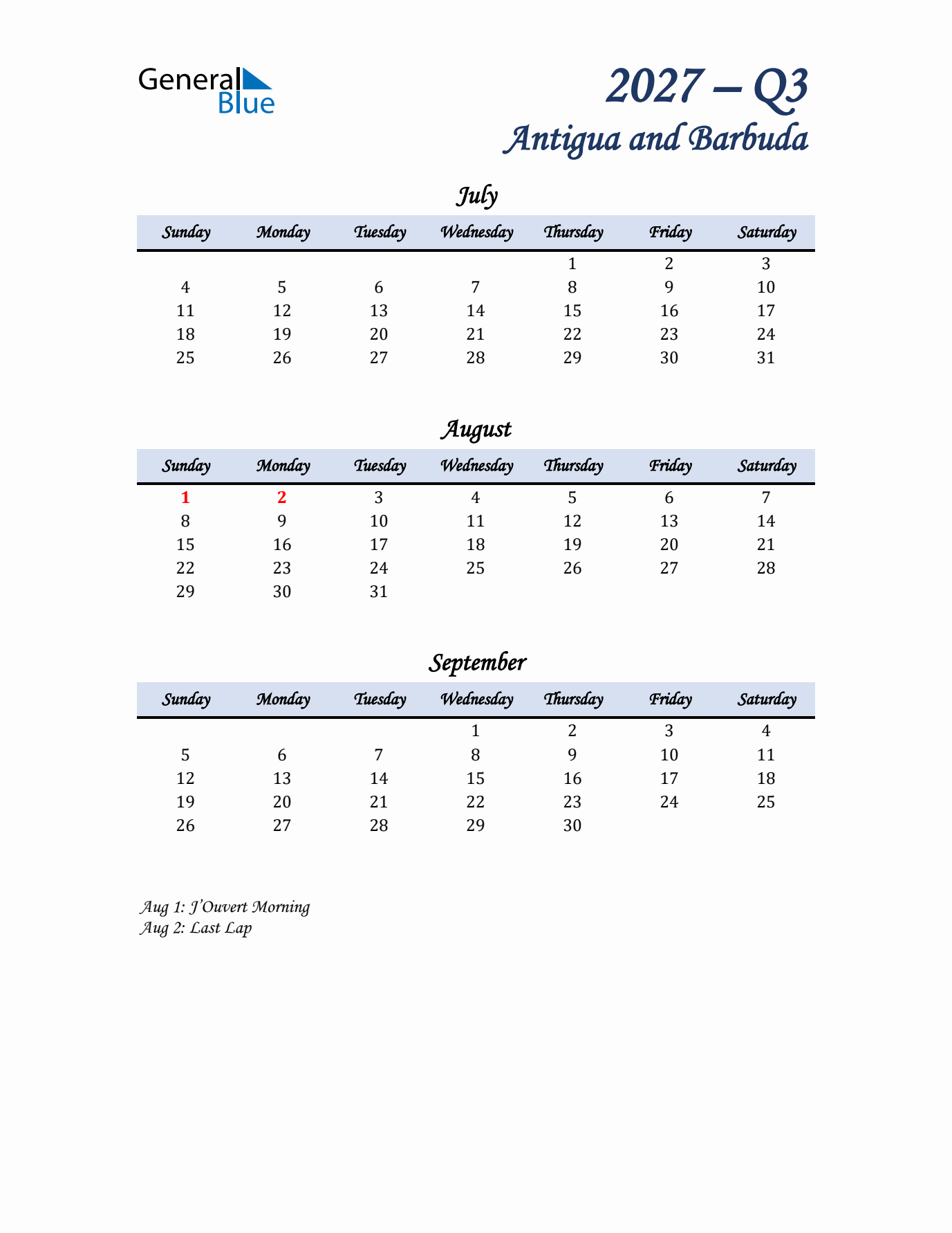 July, August, and September Calendar for Antigua and Barbuda with Sunday Start