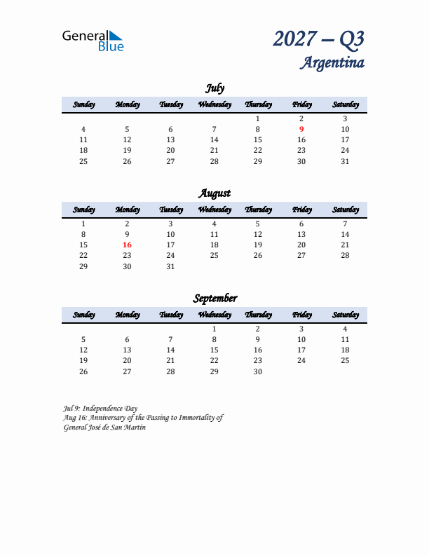 July, August, and September Calendar for Argentina with Sunday Start