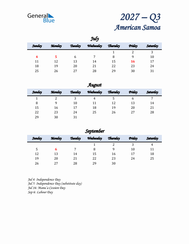 July, August, and September Calendar for American Samoa with Sunday Start