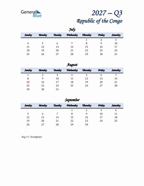 July, August, and September Calendar for Republic of the Congo with Sunday Start