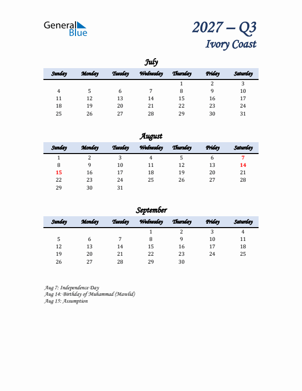 July, August, and September Calendar for Ivory Coast with Sunday Start