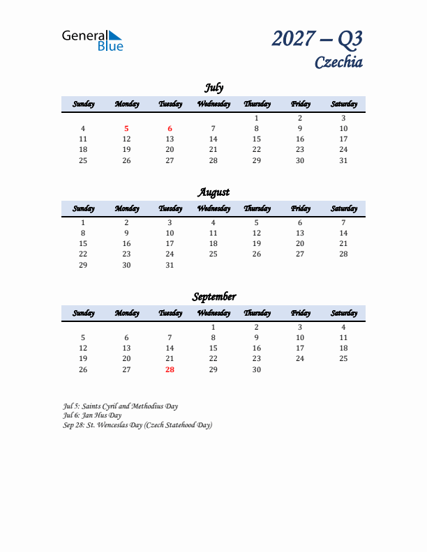 July, August, and September Calendar for Czechia with Sunday Start