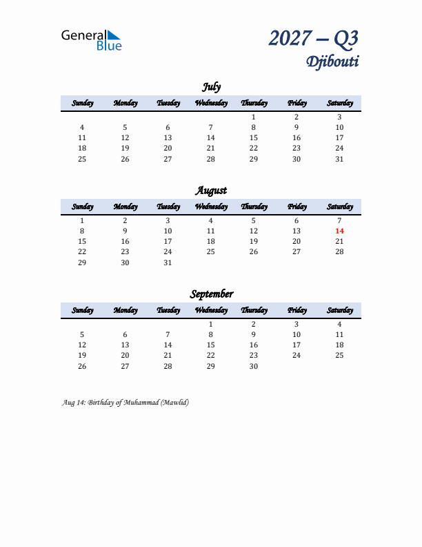 July, August, and September Calendar for Djibouti with Sunday Start