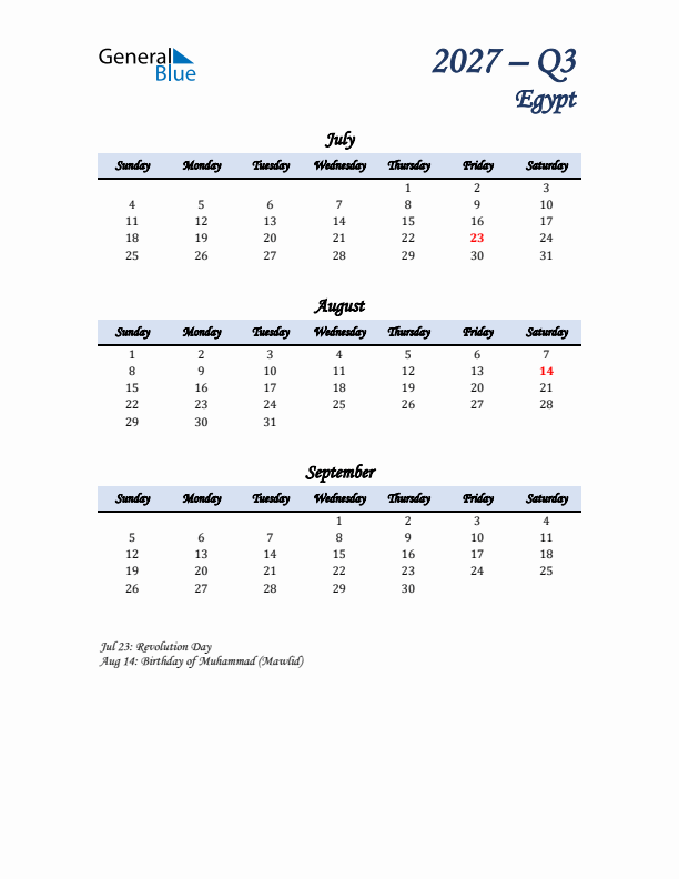July, August, and September Calendar for Egypt with Sunday Start