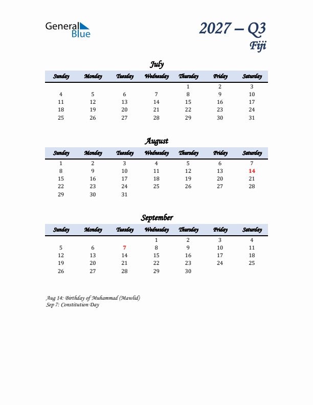 July, August, and September Calendar for Fiji with Sunday Start