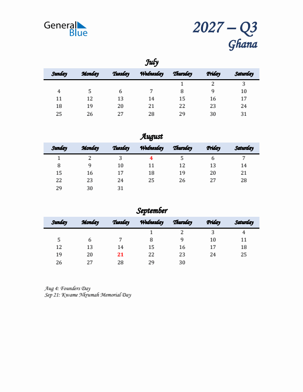 July, August, and September Calendar for Ghana with Sunday Start