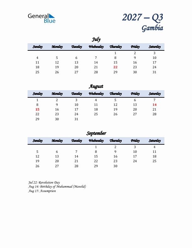 July, August, and September Calendar for Gambia with Sunday Start