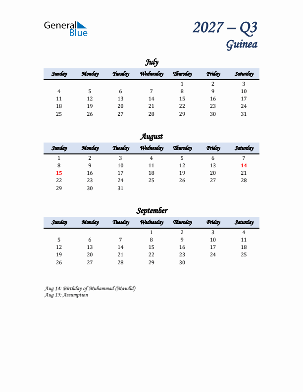 July, August, and September Calendar for Guinea with Sunday Start