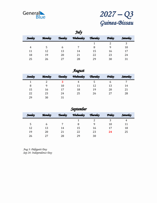 July, August, and September Calendar for Guinea-Bissau with Sunday Start