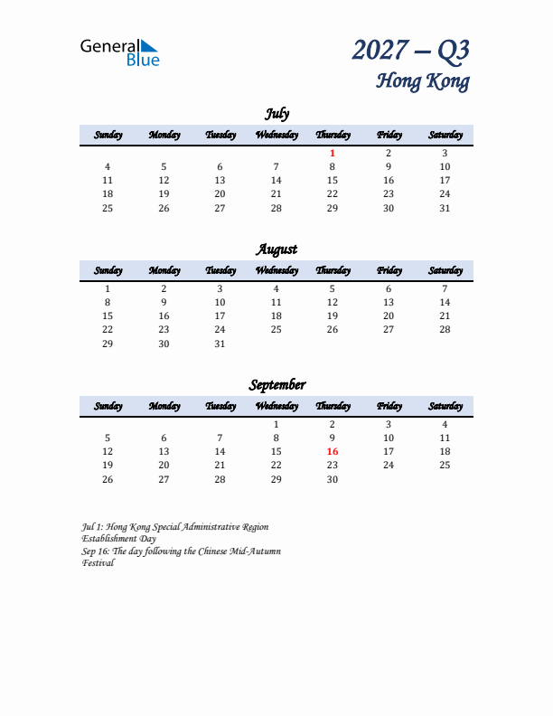 July, August, and September Calendar for Hong Kong with Sunday Start