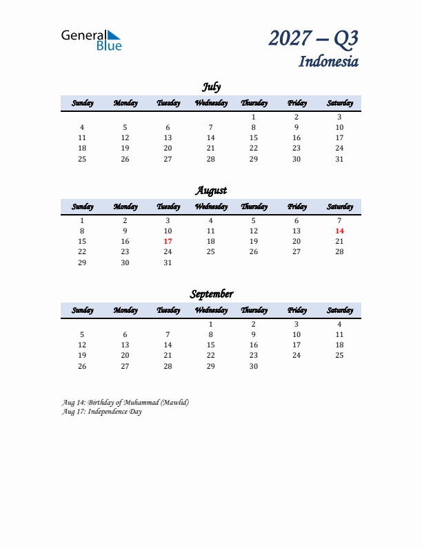 July, August, and September Calendar for Indonesia with Sunday Start