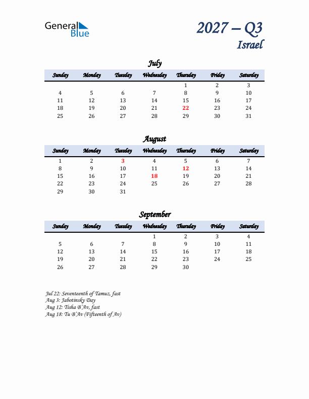 July, August, and September Calendar for Israel with Sunday Start