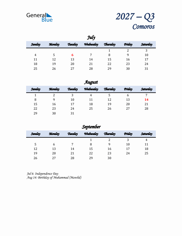 July, August, and September Calendar for Comoros with Sunday Start