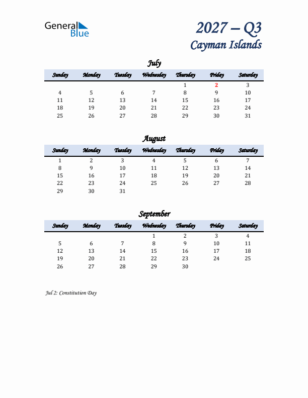 July, August, and September Calendar for Cayman Islands with Sunday Start