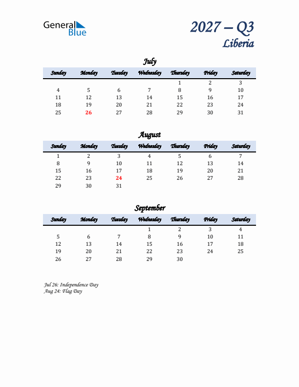 July, August, and September Calendar for Liberia with Sunday Start