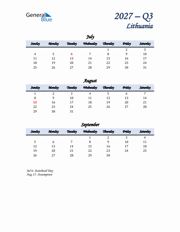 July, August, and September Calendar for Lithuania with Sunday Start