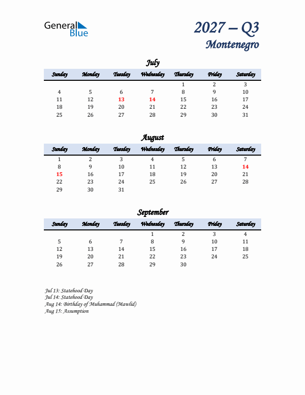 July, August, and September Calendar for Montenegro with Sunday Start