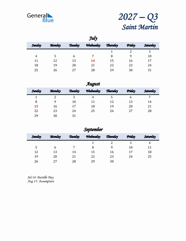 July, August, and September Calendar for Saint Martin with Sunday Start