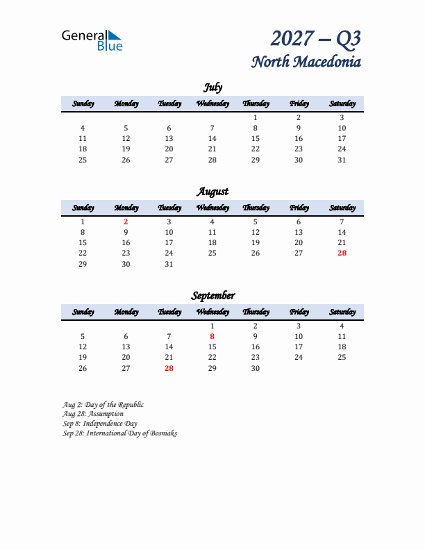 July, August, and September Calendar for North Macedonia with Sunday Start