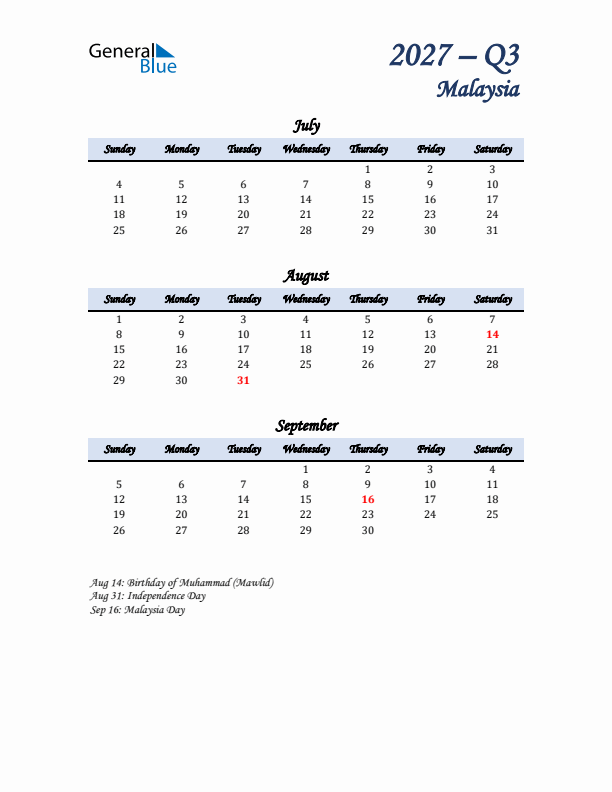 July, August, and September Calendar for Malaysia with Sunday Start
