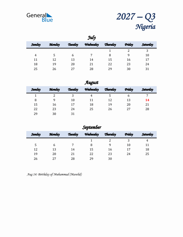 July, August, and September Calendar for Nigeria with Sunday Start