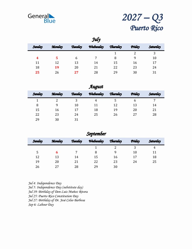 July, August, and September Calendar for Puerto Rico with Sunday Start