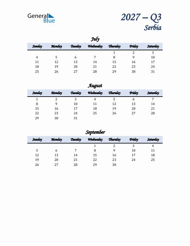 July, August, and September Calendar for Serbia with Sunday Start