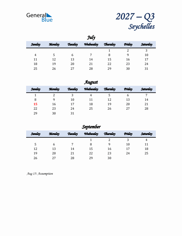 July, August, and September Calendar for Seychelles with Sunday Start