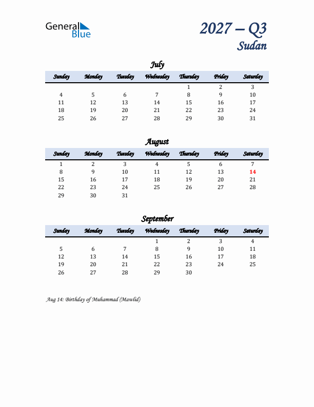 July, August, and September Calendar for Sudan with Sunday Start
