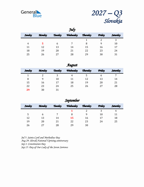 July, August, and September Calendar for Slovakia with Sunday Start