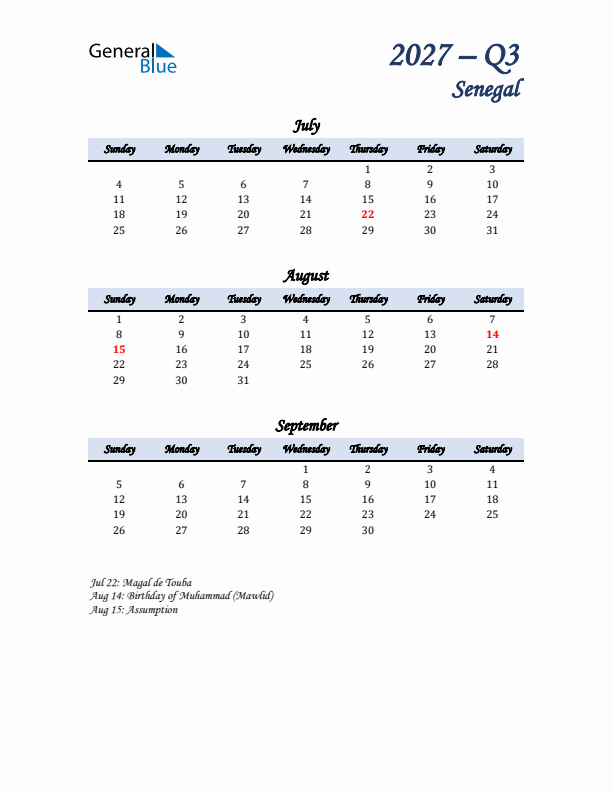 July, August, and September Calendar for Senegal with Sunday Start