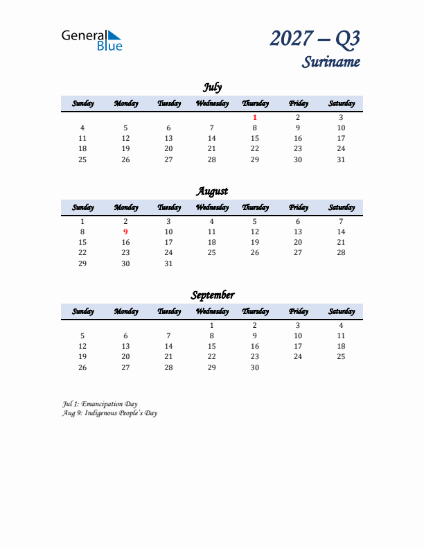 July, August, and September Calendar for Suriname with Sunday Start