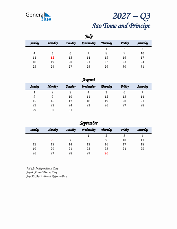 July, August, and September Calendar for Sao Tome and Principe with Sunday Start