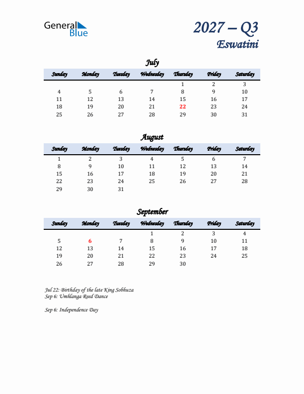 July, August, and September Calendar for Eswatini with Sunday Start
